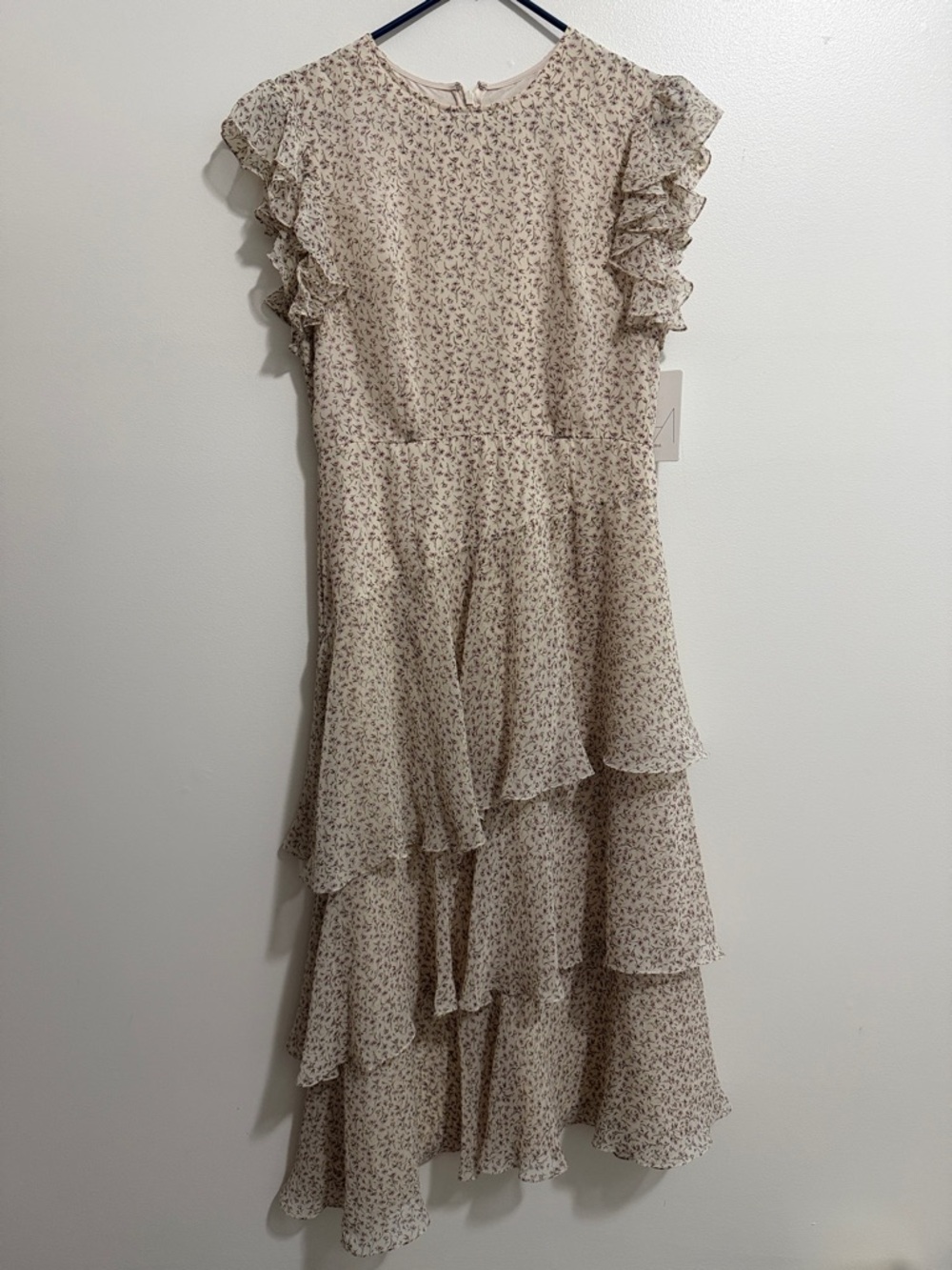 NWT Mikael Aghal Beige Multicolor Floral Ruffle Dress Womens 8